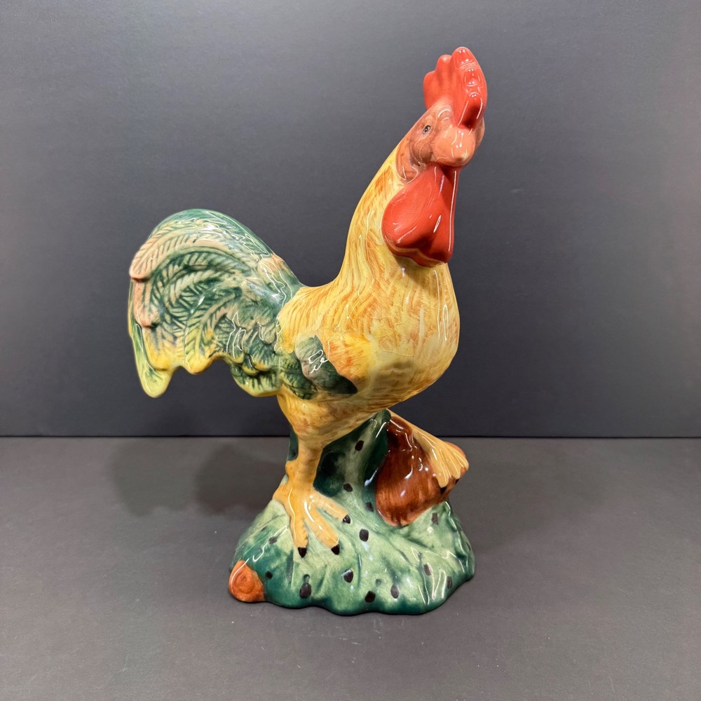 Baum Bros Style-Eyes Red Checker Rooster Ceramic Figurine Farmhouse Decor Yellow